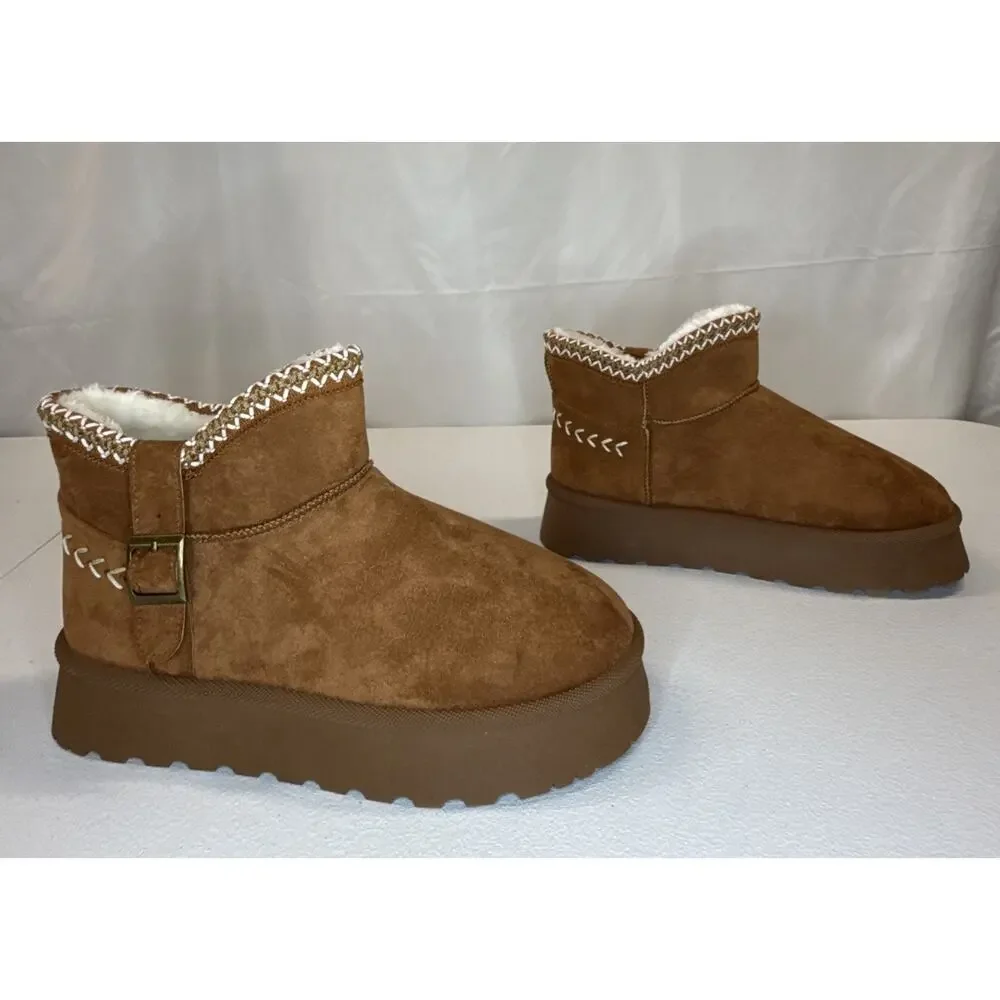 Women’s Suede Ankle Booties Chestnut Brown Faux Fur Platform Winter Size 9